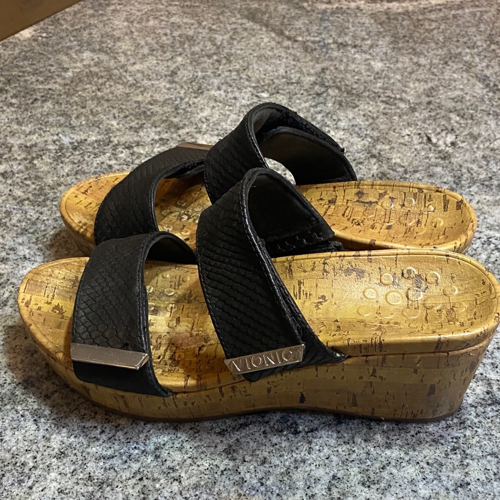 Vionic Black Dual-Strap Cork Wedge Sandals